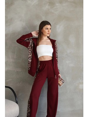 Beta Moda Hub Osy Modal Yumuşak Dokulu Kumaş Kapüşonlu Leopar Desenli Fermuarlı Takım - Bordo