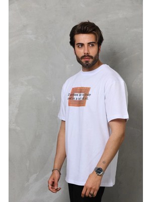 Beta Moda Hub Bisiklet Yaka Baskılı Oversize T-Shirt - Beyaz