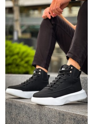 Baybonza BA0321 Gizli Bağcıklı Erkek Yüksek Taban Siyah Beyaz Spor Bot
