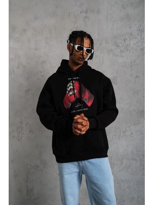 Beta Moda Hub Eldiven Baskılı Kapüşonlu Sweat - Siyah