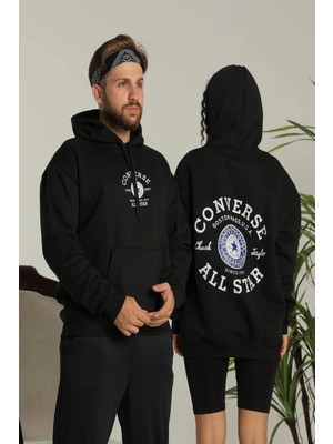 Beta Moda Hub Sırt Baskılı Oversize Üç Iplik Kapüşonlu Hoodie Sweatshirt - Siyah