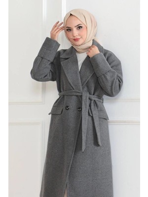 Beta Moda Hub Beli Kuşaklı Yünlü Dokuma Kaşmir Kaban - Gri