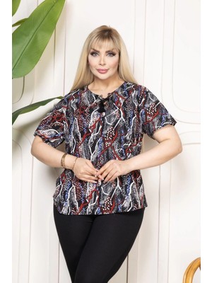 Beta Moda Hub Kadın Desenli Püsküllü Viskon Bluz Bebe Yaka Kısa Kollu Big Size Rahat Kesim - Desenli