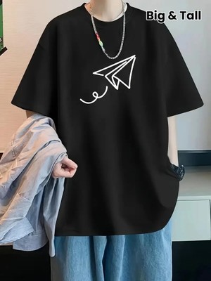 Beta Moda Hub 20/1 Penye Compack Uçak Baskılı Oversize Bisiklet Yaka Kısa Kol T-Shirt - Siyah