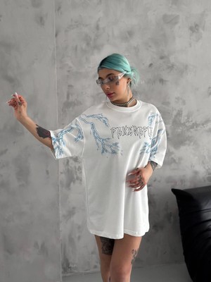 Beta Moda Hub Bisiklet Yaka Baskılı Oversize T-Shirt - Beyaz