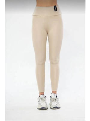 Beta Moda Hub Kadın Kışlık Yüksek Bel Toparlayicı ve Sıkılaştırıcı Likralı Şardonlu Tayt - Bej