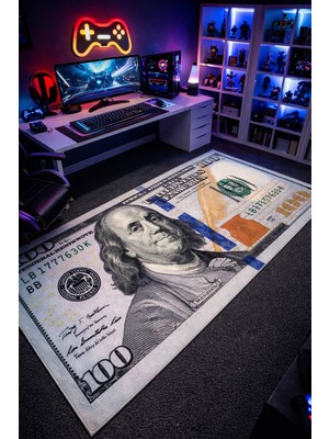 Emiroğlu Gerçek 100 Dolar Desenli Yıkanabilir Kaymaz Dot Taban Süngerli Halı–Dijital Baskı, Eğlenceli Tasarım