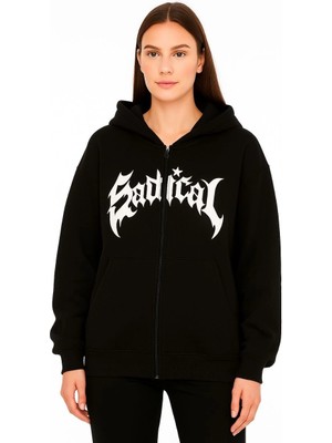 Beta Moda Hub Oversize Kapüşonlu Sweatshirt  Hoodie 3 Iplik Şardonlu Pamuklu Kumaş, Önü Baskılı, Fermuarl