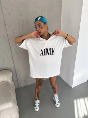 Beta Moda Hub Yarım Fermuarlı Baskılı T-Shirt - Beyaz