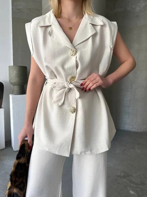 Beta Moda Hub Keten Sıfır Kol Kuşaklı Ceket Pantolon Ikili Takım - Beyaz