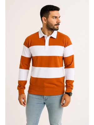 Beta Moda Hub Polo Yaka Uzun Kollu Çizgili Sweatshirt Trend Rugby Stil - Turuncu