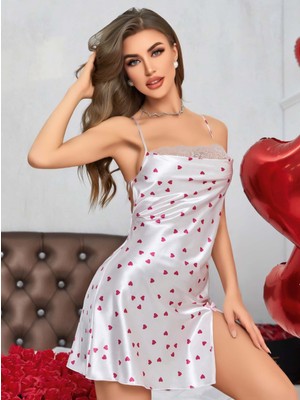 Intive Lingerie Kadın Beyaz Fuşya Kalp Desenli Saten Gecelik 2219