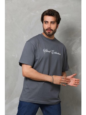 Beta Moda Hub Bisiklet Yaka Baskılı Oversize T-Shirt - Füme