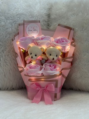 Salish Sevgililer Günü Özel Işıklı Ayıcıklı Pembe Gül Buketi | Romantik Premium Hediye