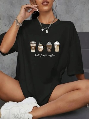 Beta Moda Hub 20/1 Penye Compack Baskılı Oversize Kahve Desenli   Kısa Kol Yazlık T-Shirt - Siyah