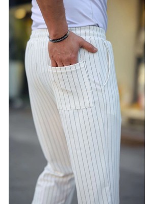 Beta Moda Hub Cizgili Dokuma Krep Jogger Buggy Pantalon Rahat Kalıp - Beyaz