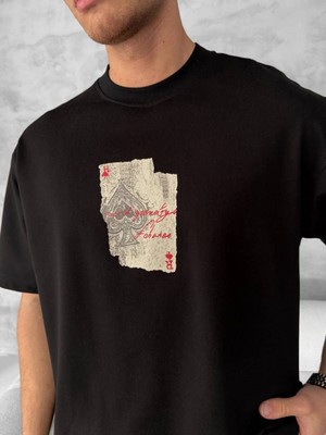 Beta Moda Hub Ön ve Arka Baskılı Oversize Bisiklet Yaka T-Shirt - Siyah