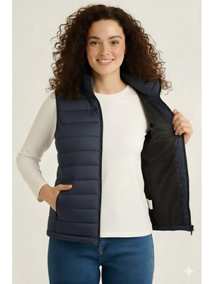 Beta Moda Hub Kadın Şişme Fermuarlı Yelek Su Itici Kapitone Astarlı Kumaş Cepli Hafif Kışlık Spor Rahat K