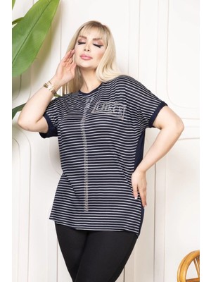 Beta Moda Hub Kadın Büyük Beden Çizgili Taş Detaylı Kısa Kollu Likralı Viskon Tişört - Lacivert