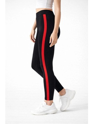Beta Moda Hub Kadın Likralı Yan Kırmızı Şeritli Detaylı Tayt - Siyah