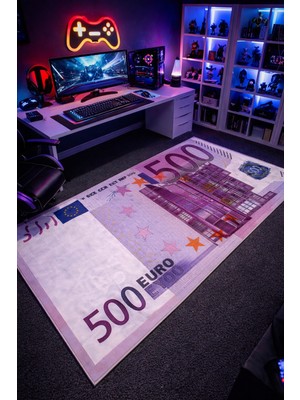 Emiroğlu Gerçek 500 Euro Desen Yıkanabilir Kaymaz Dot Taban Süngerli Halı-Dijital Baskı,Dikkat Çekici Tasarım