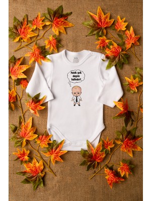 Overoz Patron Bebek Panik Yok Dayım Halleder Baskılı Beyaz Uzun Kollu Bebek Body Zıbın 5184