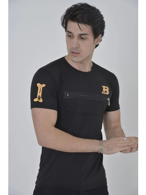 Beta Moda Hub Göğüs Fermuarlı Baskılı T-Shirt - Siyah