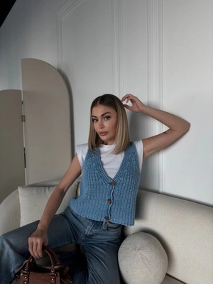 Beta Moda Hub Triko Kolsuz Düğmeli Yelek - Mavi