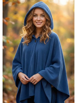 Exve Exclusive Koyu Mavi Tüylenmez Soft Polar Sıcak Tutan Panço Kışlık Göğsü Düğmeli Kapüşonlu Kadın Şal