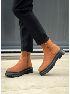 Baybonza BA0777 Süet Taba Siyah Taban Çift Fermuarlı Erkek Yarım Bilek Bot