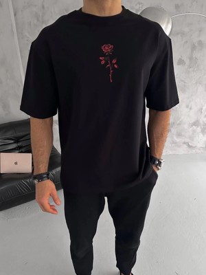 Beta Moda Hub Bisiklet Yaka Baskılı Oversize T-Shirt - Siyah