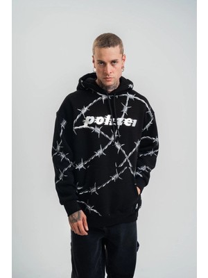 Beta Moda Hub Kapşonlu Varak ve Pano Baskılı Sweatshirt- Siyah