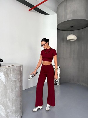 Beta Moda Hub Osy Modal Yumuşak Dokulu Kumaş Kısa Kollu Crop Alt Ispanyol Paça Pantalon Ikili Takım - Bordo