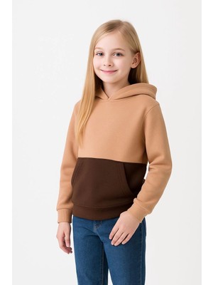 Beta Moda Hub Kız Çocuk Kapüşonlu Kanguru Çepli Parçalı Sweatshirt - Renkli