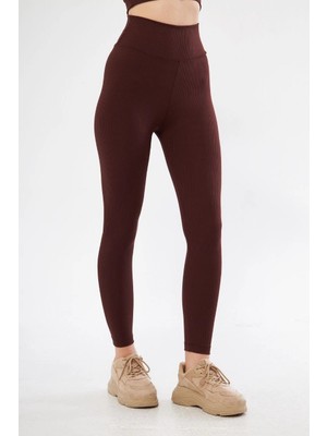 Beta Moda Hub Kadın Fitilli Full Likralı Yüksek Bel Toparlayıcı Tayt Günlük ve Spor Kullanım - Bordo