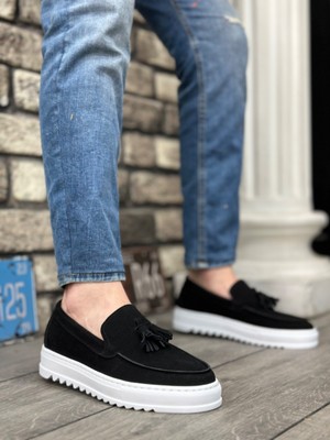 Baybonza BA0154 Bağcıksız Yüksek Taban Süet Siyah Renk Beyaz Taban Püsküllü Erkek Ayakkabı