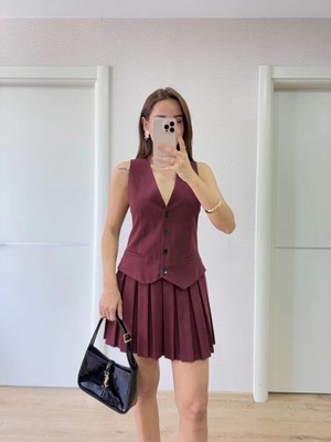 Beta Moda Hub Keten Takım Görünümlü Düğme Detaylı Yelekli Mini Elbise - Bordo