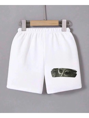 Beta Moda Hub Beli Lastikli Baskılı Mini Şort - Beyaz