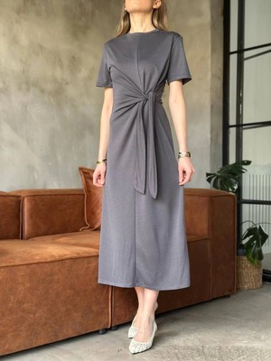 Beta Moda Hub Osy Modal Yumuşak Dokulu Kumaş Yandan Bağlamalı Elbise - Gri