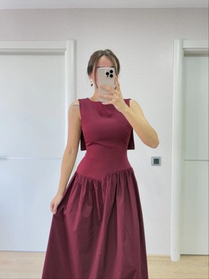 Beta Moda Hub Krep Arkası Kanat Arka Ön Pens Detaylı Uzun   Elbise - Bordo