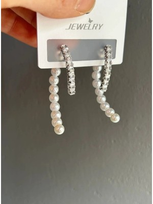 Gümüş Renkli Taşlı Incili Küpe