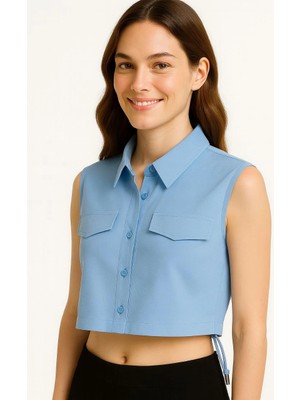 Beta Moda Hub Crop Poplin Gömlek Yalancı Cepli, Ayarlanabilir Yan Kordonlu, - Bebe Mavisi