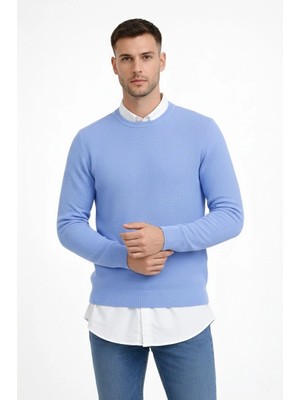 Beta Moda Hub Bisiklet Yaka Petekli Dokulu Triko Kazak Pamuklu Ince Dokuma, Uzun Kollu Rahat Regular Kalıp - Mavi