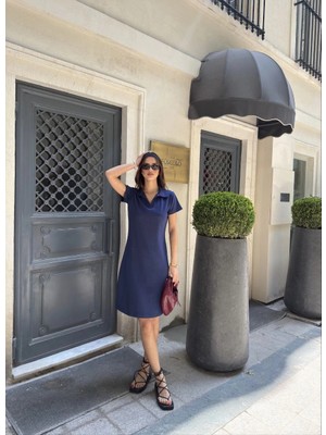 Beta Moda Hub Osy Modal Yumuşak Dokulu Kumaş Yakalı Kısa Kollu Elbise - Mavi