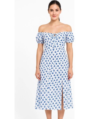 Beta Moda Hub Bardot Omuzu Acık Çiçek Desenli Elbise - Desenli