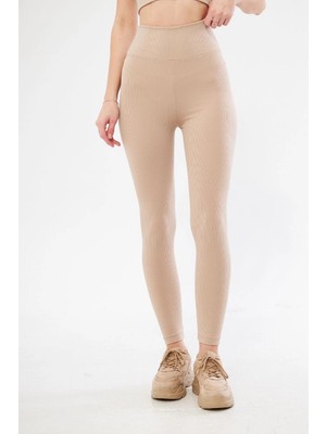 Beta Moda Hub Kadın Fitilli Full Likralı Yüksek Bel Toparlayıcı Tayt Günlük ve Spor Kullanım - Bej