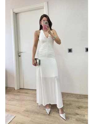 Beta Moda Hub Sırt Dekolteli Uzun Elbise - Beyaz