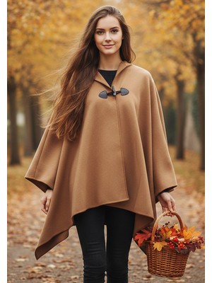 Exve Exclusive Deve Tüyü Camel Renk Kapüşon Detaylı Soft Kaşe Göğsü Çoban Düğme Detaylı Sıcak Tutan Panço Şal