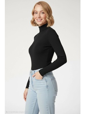 Beta Moda Hub Tam Boğazlı Fitilli Likrali Kaşkorse Badi Ince Uzun Kollu Kazak - Siyah