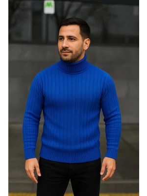 Beta Moda Hub Balıkcı Yaka Bağazlı Triko Kazak Pamuklu Kalın Fitilli Dokuma, Regular Fit Uzun Kollu Kışlık